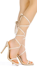 Lilya Nude Beige Faux Suede Lace Up High Heels