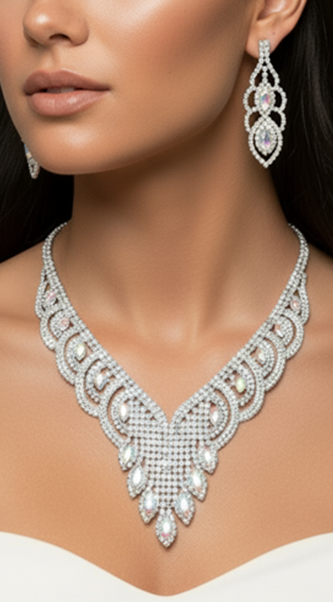 Marquise Silver Stone Accented Rhinestone Aurora Borealis Necklace & Earrings Set