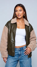 Viretta Faux Leather Sherpa Jacket - Olive Multi
