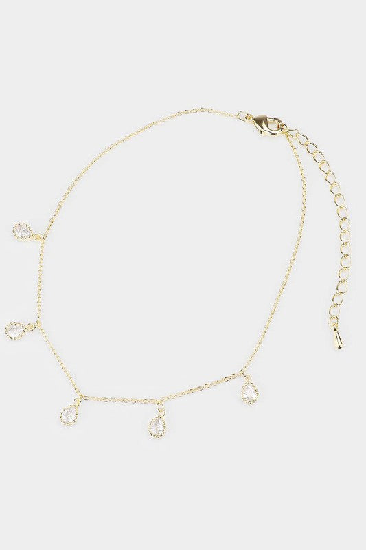 White Gold Dipped Teardrop Stone Anklet - Gold