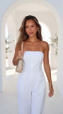 Elarya Tube Wide Leg Jumpsuit in White styled outfit flat lay