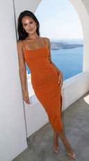 Sana Ribbed Side Slit Cami Midi Dress in Orange Rust styled look from behind