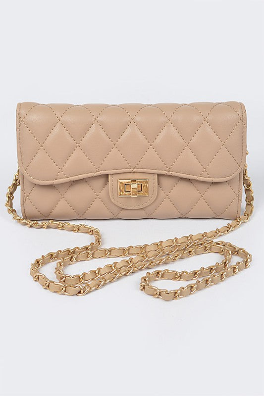 Quilted Beige Cross Body Clutch Purse Bag