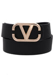 Black Gold Metal V Buckle Faux Leather Belt