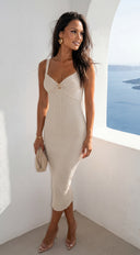 Veroniqa Ribbed Knit Sweetheart Midi Dress - Beige