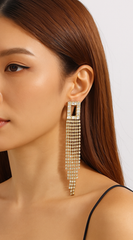 Jia Rhinestone Long Tassel Dangle Earrings - Gold