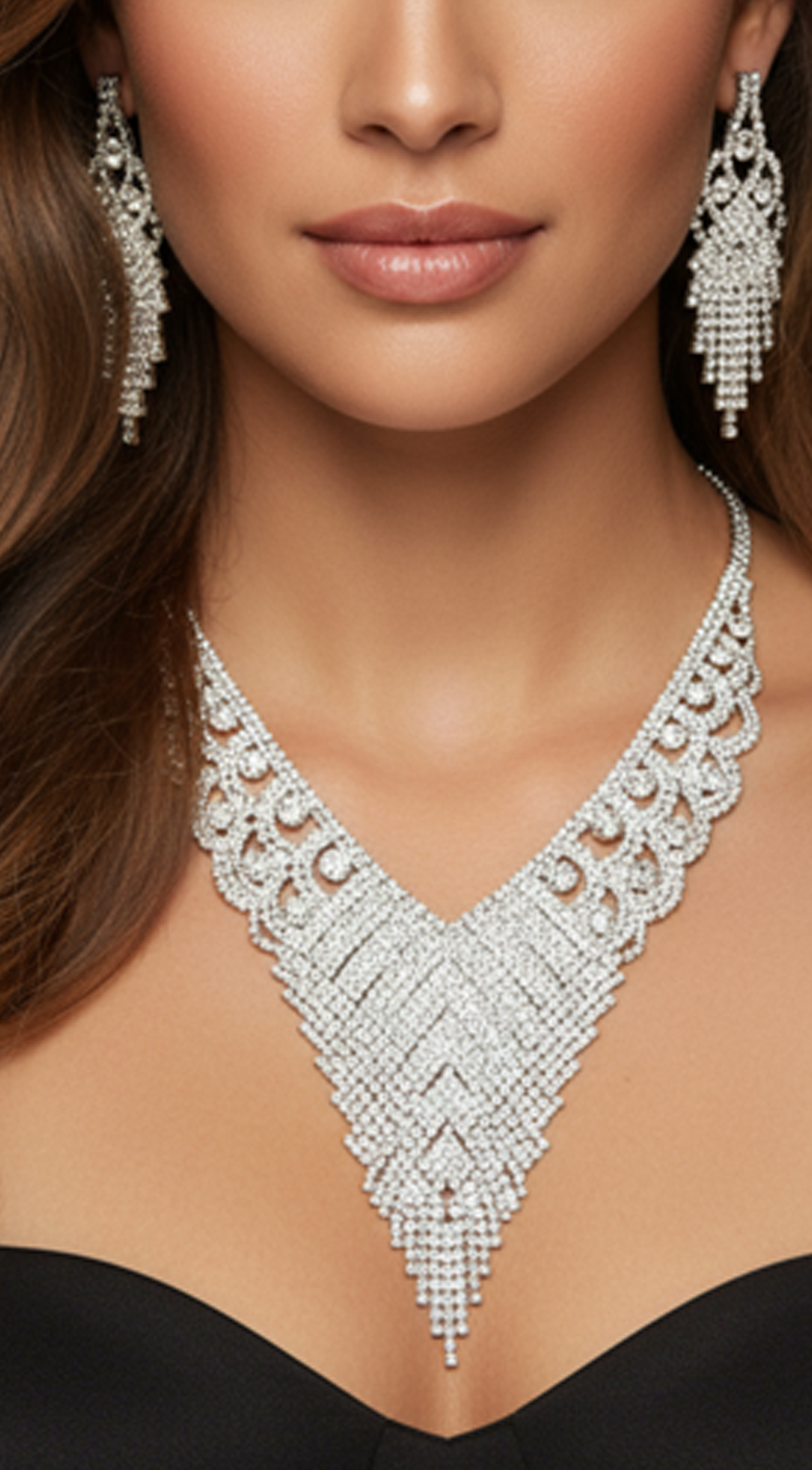 Chevron Silver Detailed Rhinestone Necklace & Earrings Set