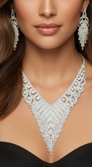 Chevron Silver Detailed Rhinestone Necklace & Earrings Set