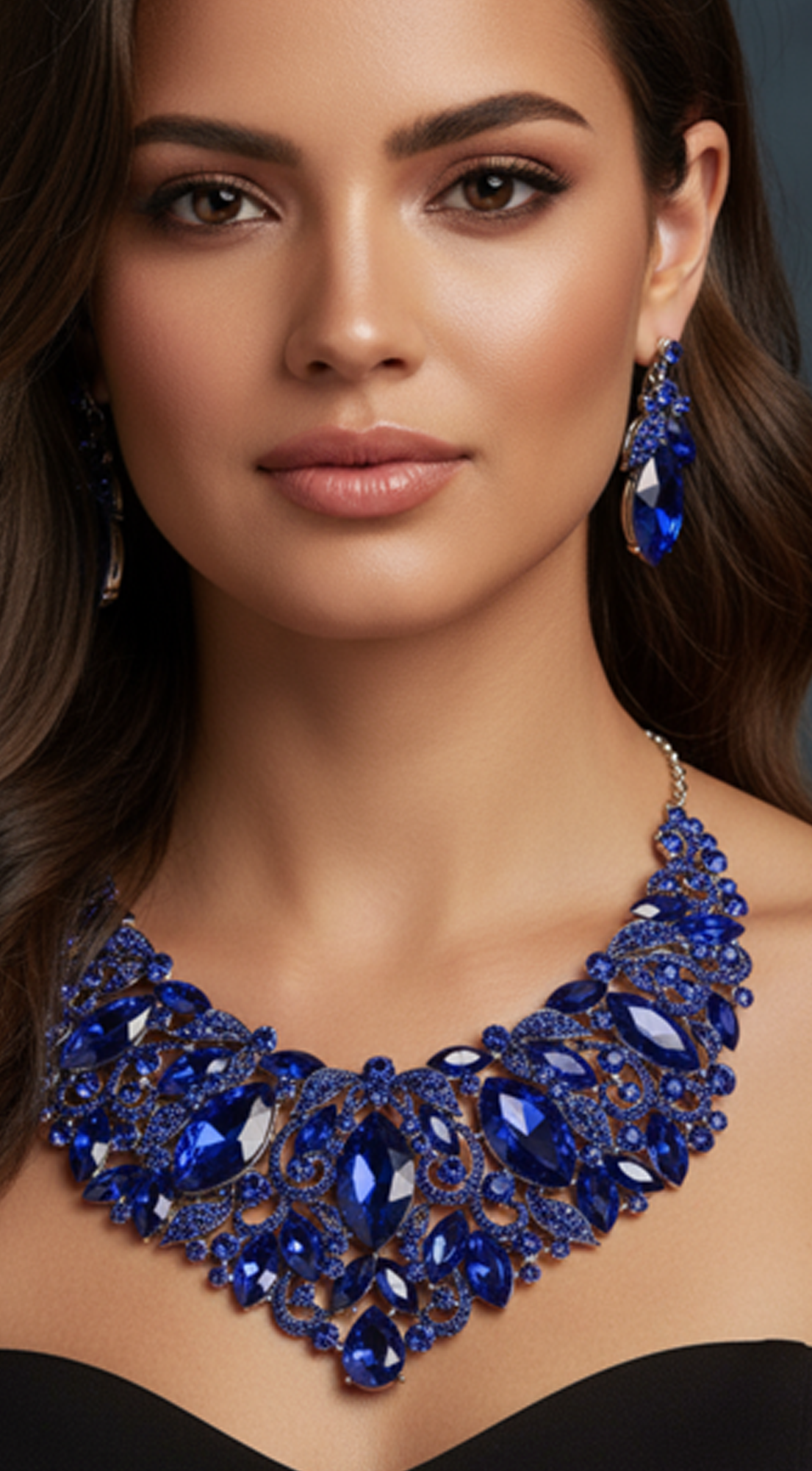 Glimmer Blue Sapphire Leaf Marquise Stone Necklace & Earrings Set