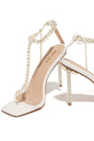 Adore White Rhinestone T Strap Square Toe Heel Sandals