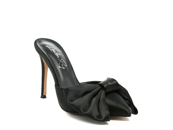 Martina Black Satin Bow Tie Pointed Toe Mule Heels