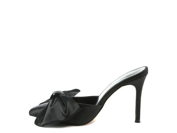 Martina Black Satin Bow Tie Pointed Toe Mule Heels