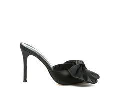 Martina Black Satin Bow Tie Pointed Toe Mule Heels