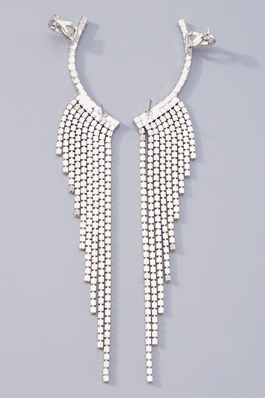 Rhinestone Silver Long Fringe Climber Earrings