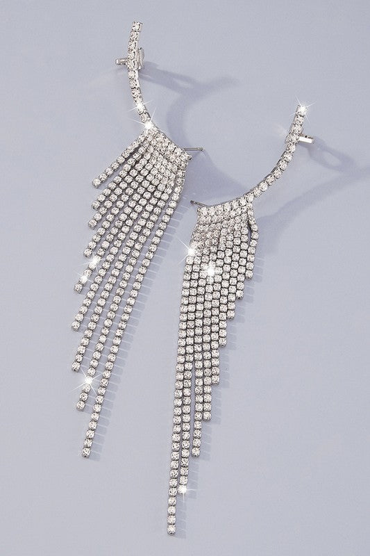 Rhinestone Silver Long Fringe Climber Earrings