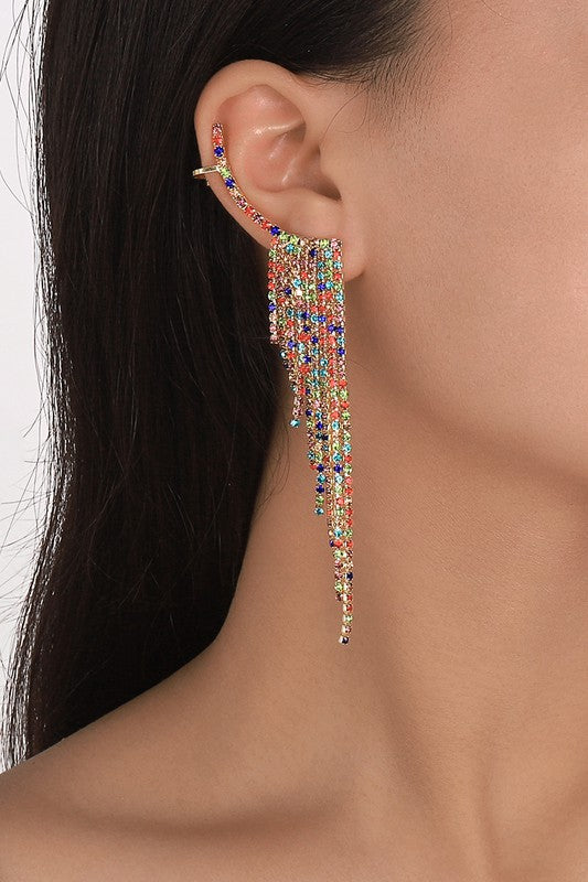 Rhinestone Gold Multi Long Fringe Climber Earrings