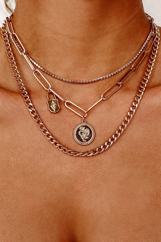 Rise Together Gold Layered Rhinestone Choker Paperclip Padlock Chain Necklace