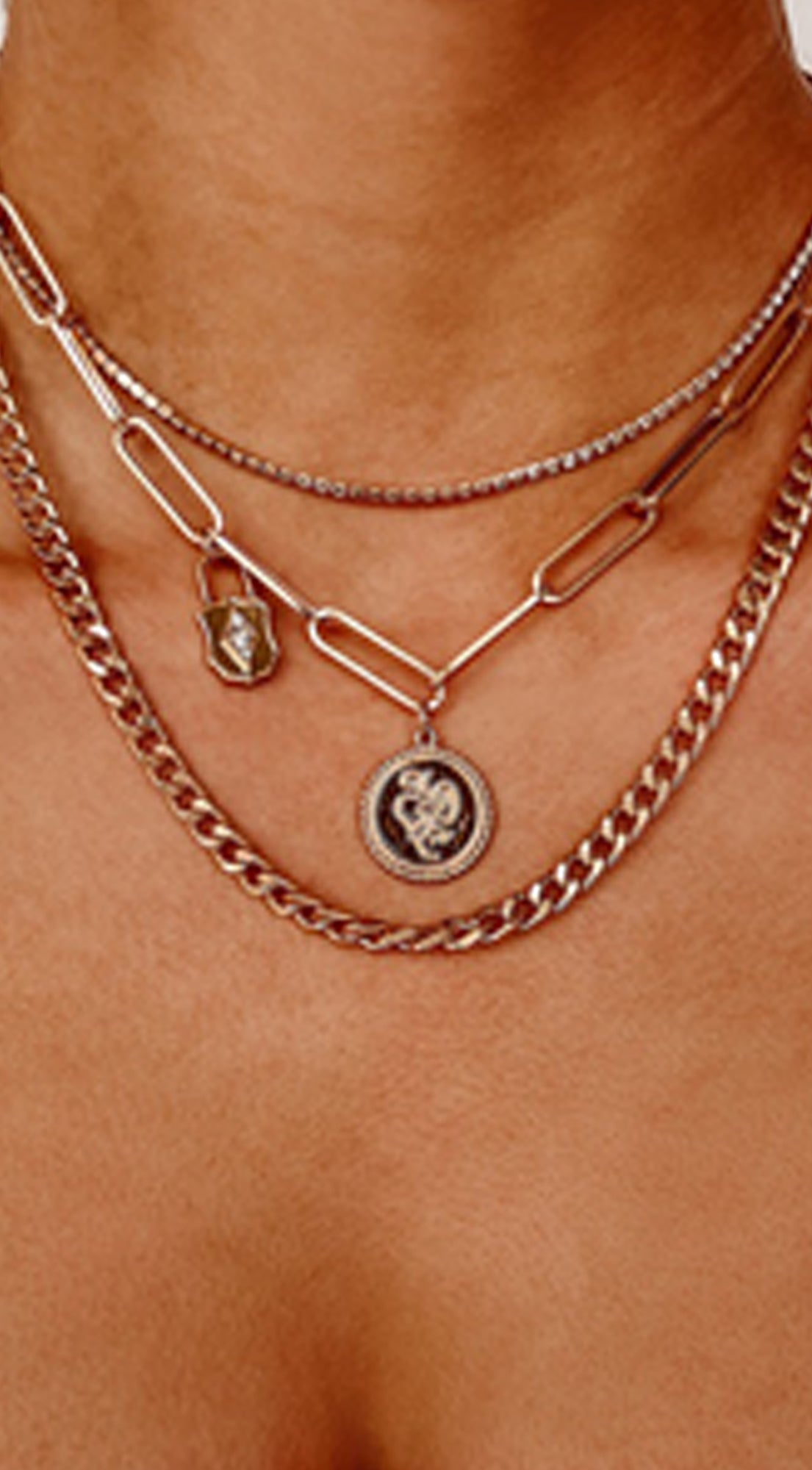 Rise Together Gold Layered Rhinestone Choker Paperclip Padlock Chain Necklace