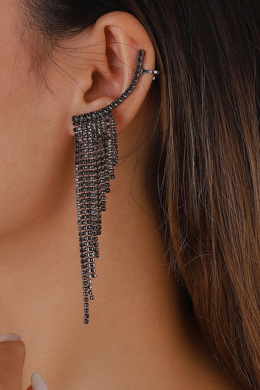 Rhinestone Black Long Fringe Climber Drop Earrings