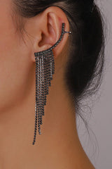 Rhinestone Black Long Fringe Climber Drop Earrings