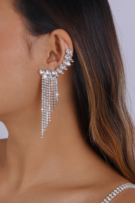 Shiny Silver Rhinestone Long Fringe Drop Earrings