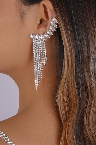 Silver Tassel Drop Earrings - Rhinestone Fringe, Long Dangle, Wedding & Party Accessories