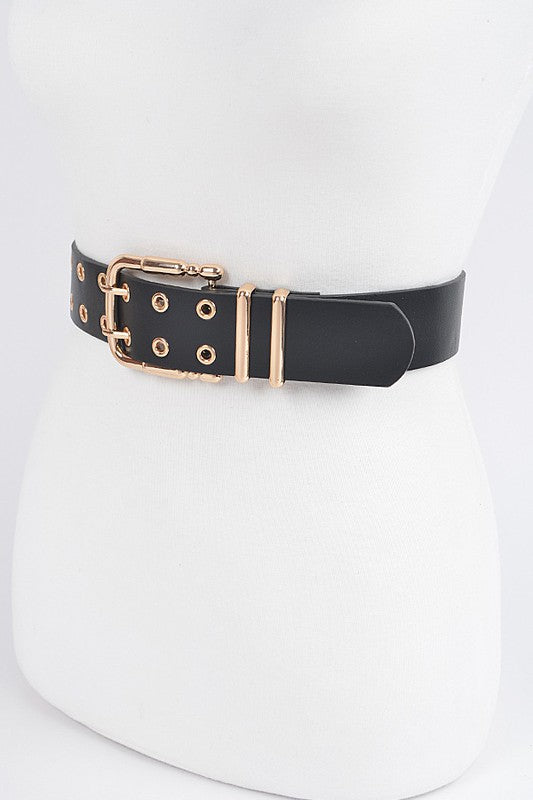 Double Grommet Black Faux Leather Belt