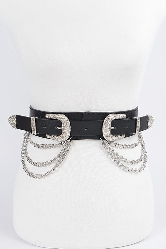 Black Double Buckle Belt with Silver Chain