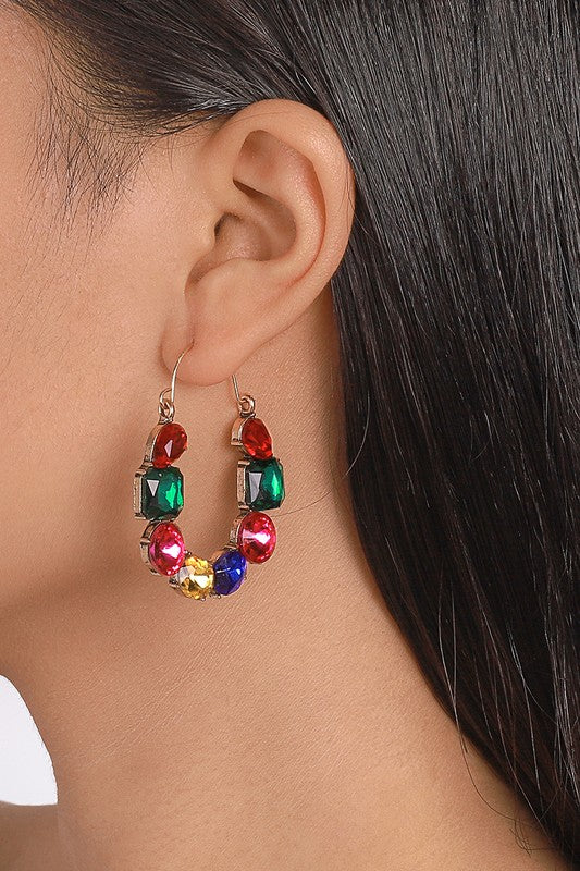 U Shape Multi Color Rhinestone Hoop Earrings