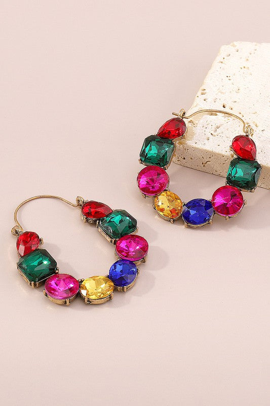 U Shape Multi Color Rhinestone Hoop Earrings