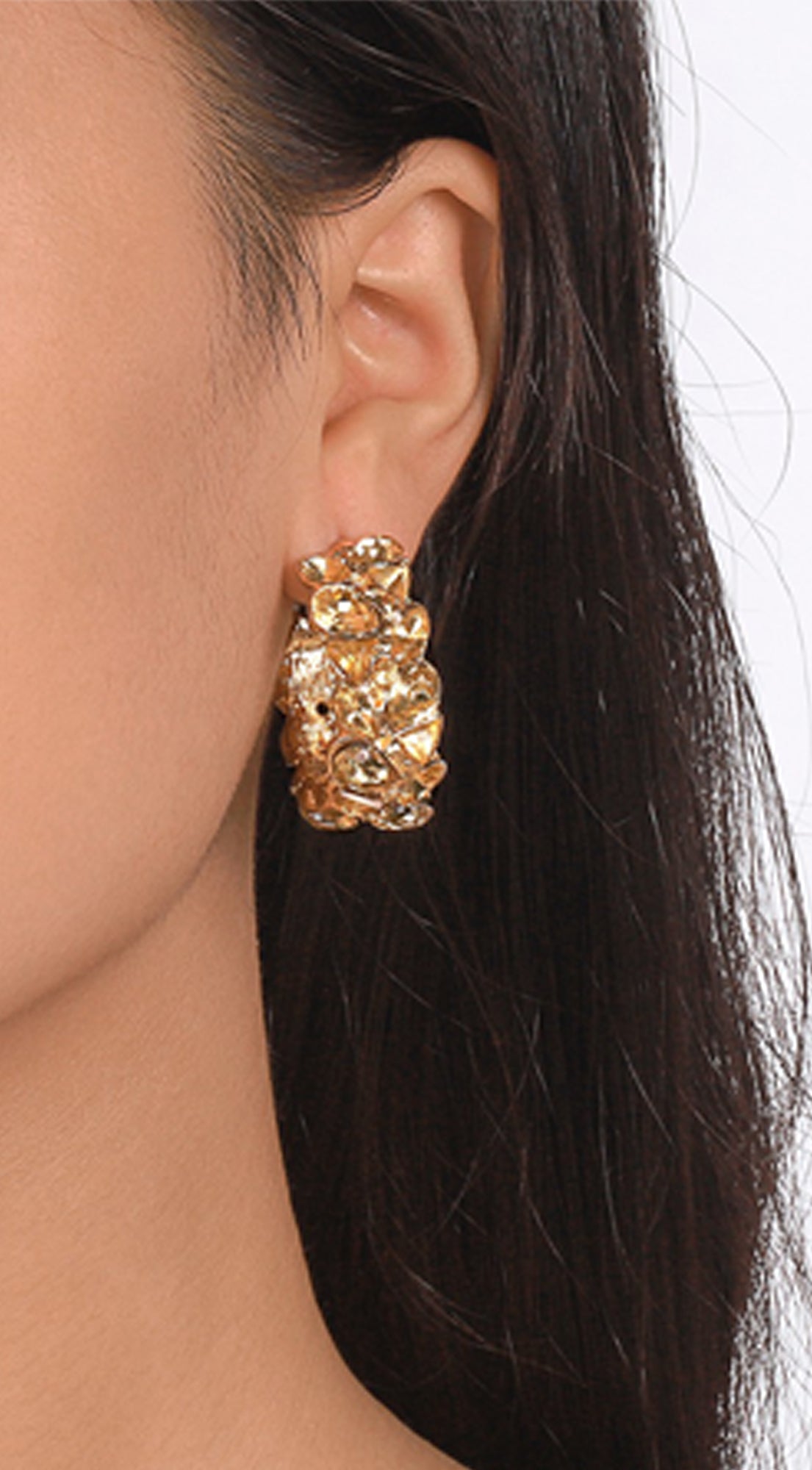 Rainbow Rhinestone C-shaped Hoop Earrings - Gold