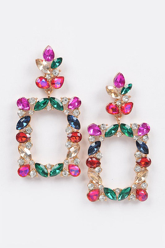 Leaf Gem Stone Pink Multi Color Rectangle Earrings
