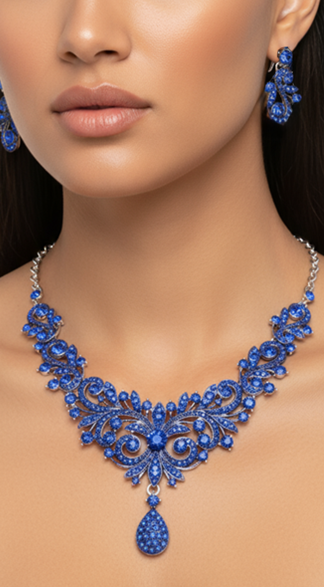 Bright Shine Blue Sapphire Rhinestone Embellished Teardrop Necklace & Earrings Set