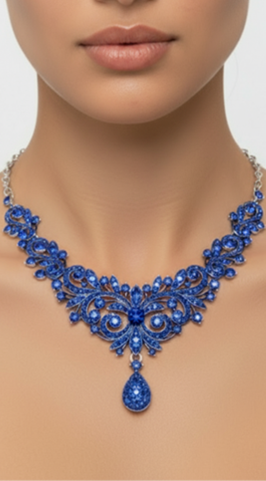 Bright Shine Blue Sapphire Rhinestone Embellished Teardrop Necklace & Earrings Set