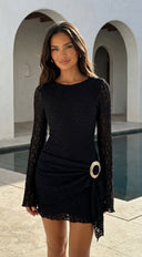 Cirella Lace Long Sleeve Mini Dress in Black back view on model