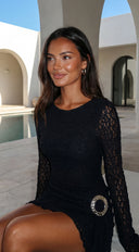 Cirella Lace Long Sleeve Mini Dress in Black fabric drape close-up hemline and silhouette detail