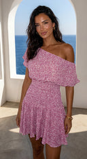 Posevia Ditsy Floral Off Shoulder Mini Dress - Pink