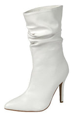 Ava White Faux Leather Ruched High Heel Booties