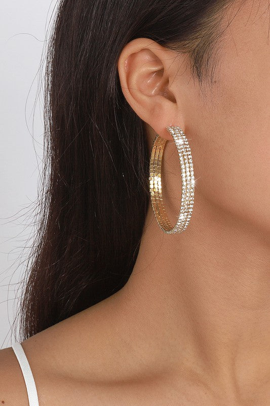 Rhinestone Round Hoop Earrings - Gold