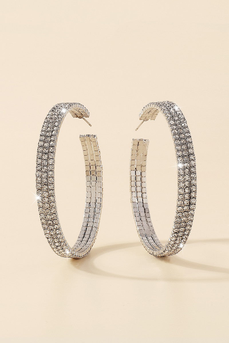 Rhinestone Round Hoop Earrings - Silver