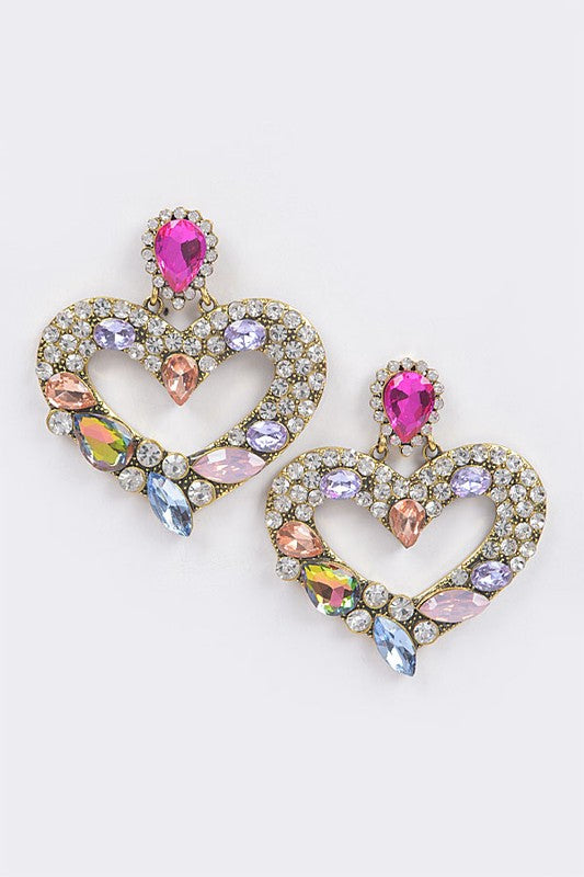 All Love Bejeweled Pink Multi Color Heart Earrings