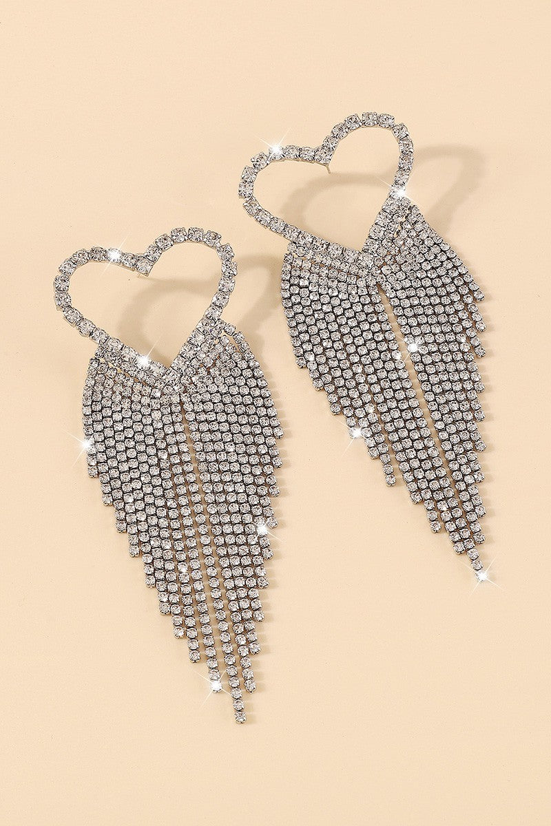 Crystal Heart Long Tassel Dangle Earrings