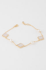Rivia Gold Multi Clover Pearl Charm Bracelet - White