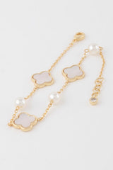 Rivia Gold Multi Clover Pearl Charm Bracelet - White