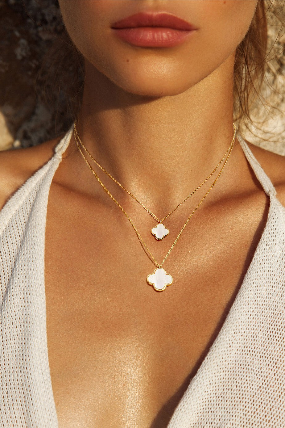 Double Clover Pearl Gold Layered Necklace