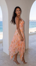 Esperalia Floral Halter Asymmetric Midi Dress - Orange Multi