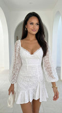 Nerano Lace Ruffle Asymmetric Mini Dress in White hemline and silhouette detail