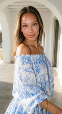 Bahama Floral Off Shoulder Ruffle Mini Dress in Blue detail shot of stitching and finish hemline and silhoue additional angle