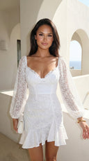 Nerano Lace Ruffle Asymmetric Mini Dress in White side profile view on model