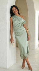 Alessara Satin Lace Off Shoulder Set - Sage Green